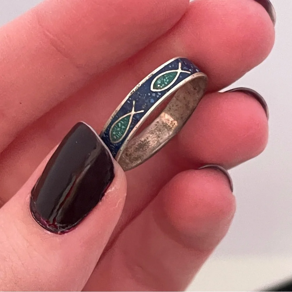 Vintage Jesus Fish Enamel Silver Tone Mermaid Core Summer Beach Religious Ring